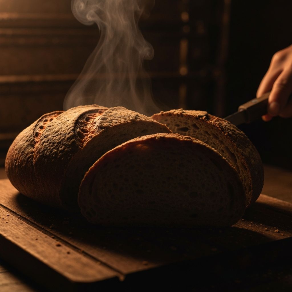 Freshly baked whole grain bread loaf on a dark wooden board with steam rising