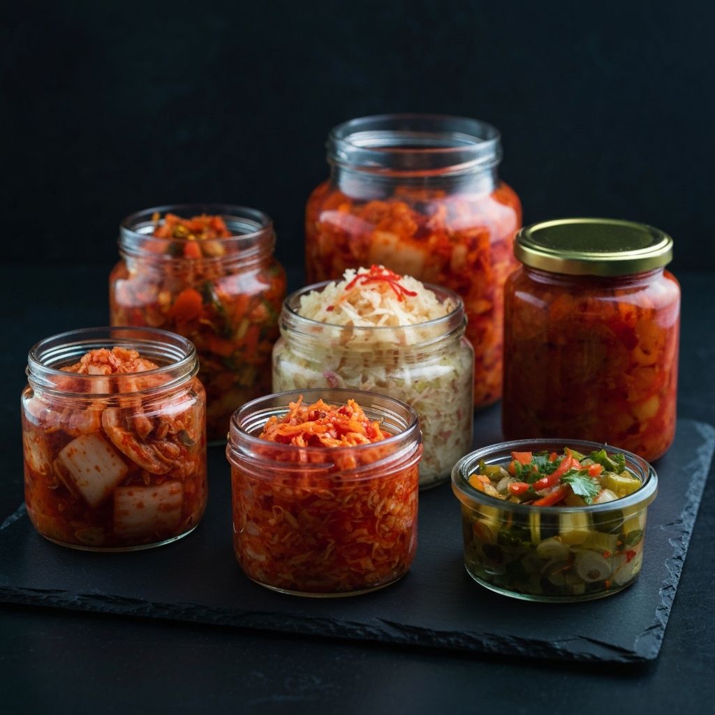 Glass jars of fermented foods including kimchi and sauerkraut on a dark slate surface